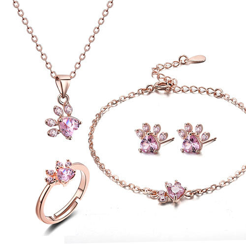 TALINA - 4-piece Jewelry Set in Rose Gold with Paw & Zirconia Heart