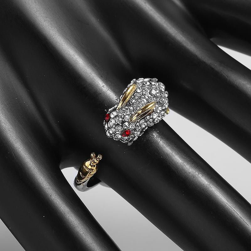 LEORA - Adjustable Silver Ring with Bunny & Carrot - with Sparkling Crystals