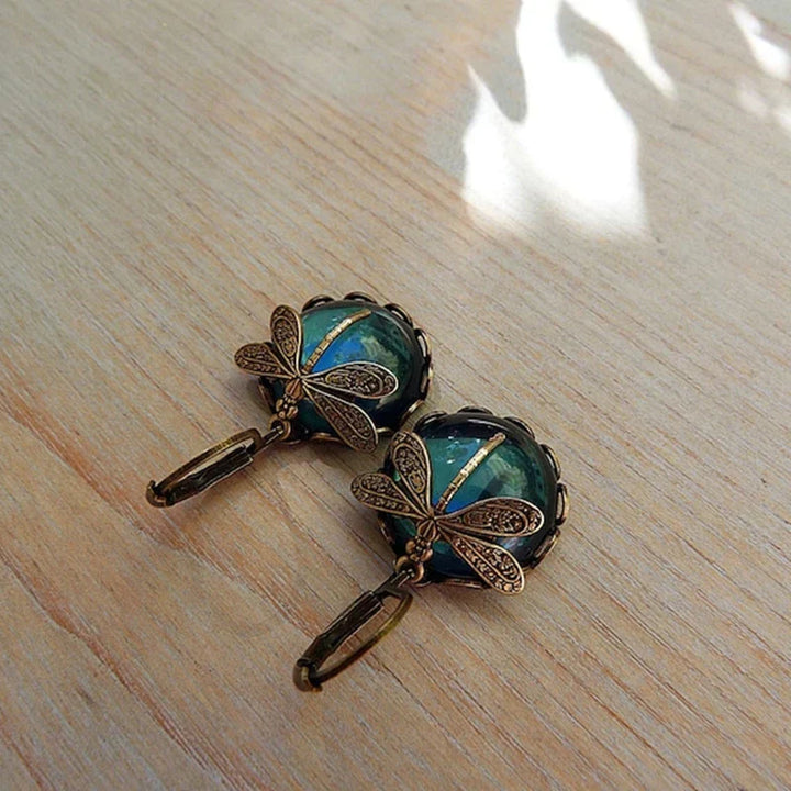 Antique Gold Dragonfly Crystal Earrings