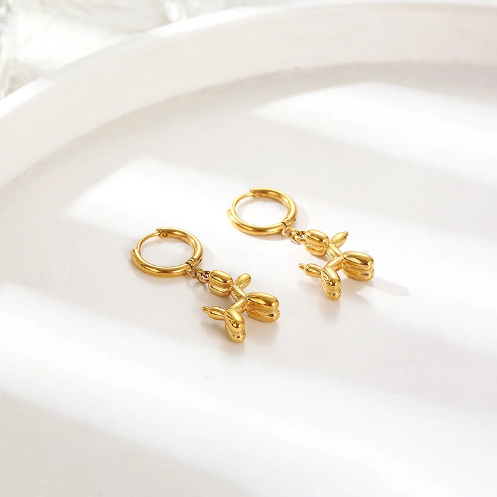 MINI - Golden Huggie Hoop Earrings with Balloon Dog Pendant