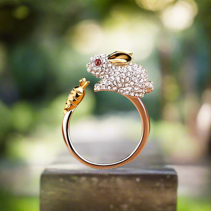 LEORA - Adjustable Silver Ring with Bunny & Carrot - with Sparkling Crystals