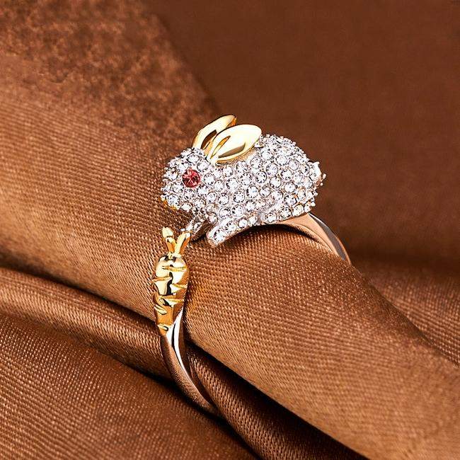 LEORA - Adjustable Silver Ring with Bunny & Carrot - with Sparkling Crystals