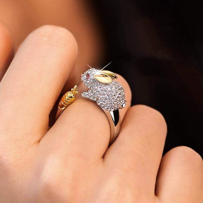 LEORA - Adjustable Silver Ring with Bunny & Carrot - with Sparkling Crystals