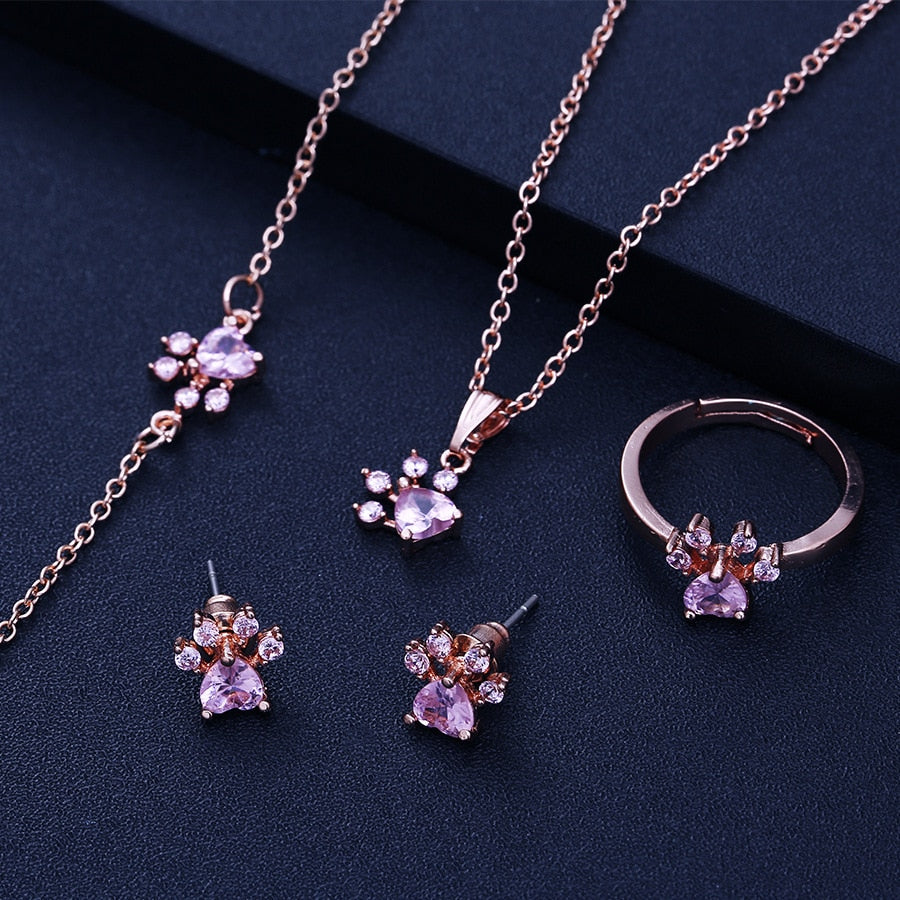 TALINA - 4-piece Jewelry Set in Rose Gold with Paw & Zirconia Heart
