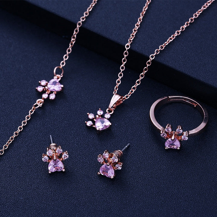 TALINA - 4-piece Jewelry Set in Rose Gold with Paw & Zirconia Heart
